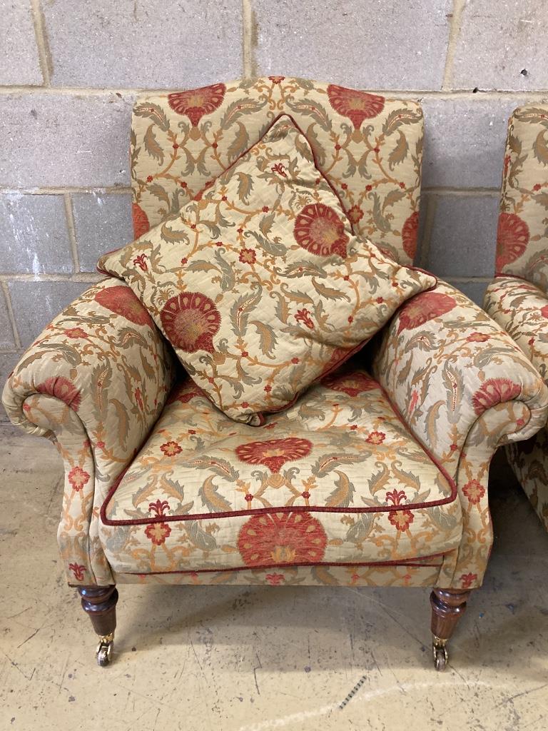 A Victorian style two seater sofa and a pair of armchairs, sofa length 178cm, depth 90cm, height 78cm